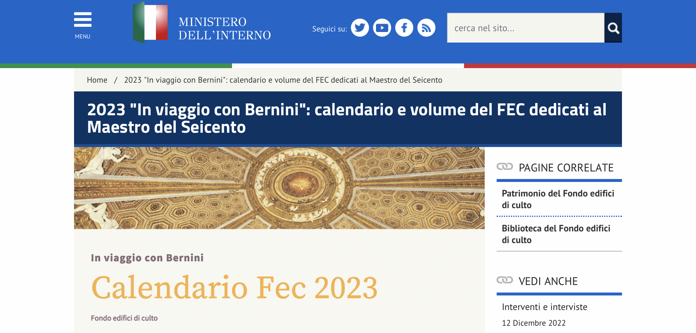 pagine sito web FEC relativa allapresenazione del libro In Viaggio Con Bernini